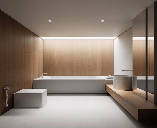 Modernes Badezimmer mit warmem Licht und hochwertiger Sanitärausstattung